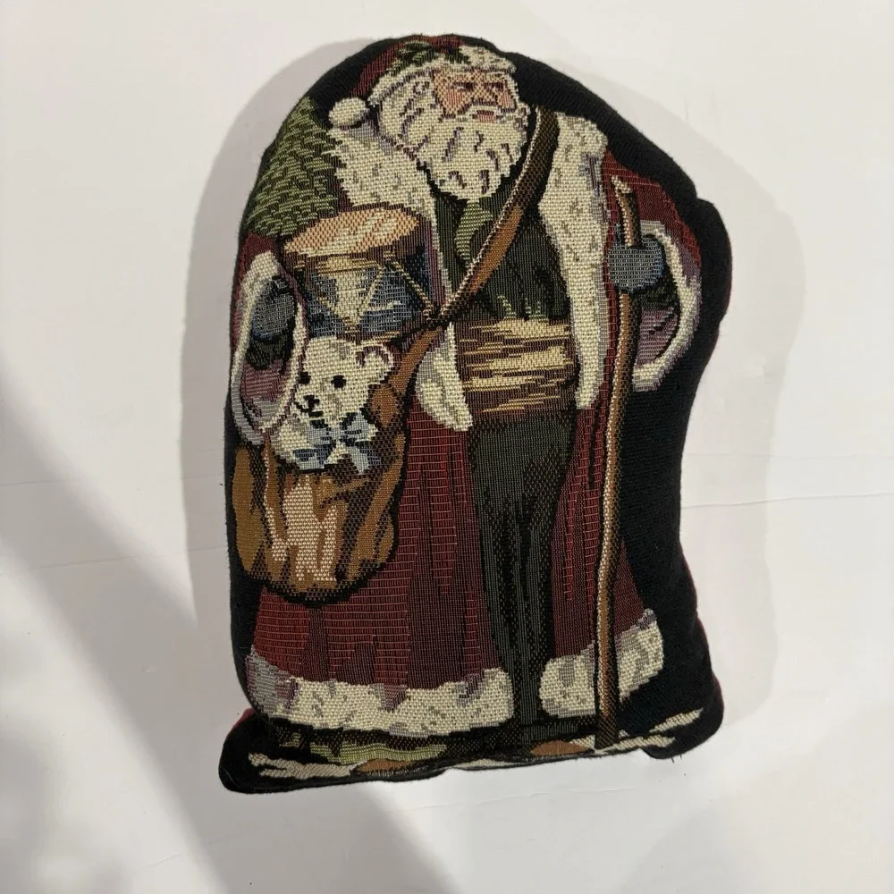 Vtg Christmas Needlepoint Tapestry Throw Pillow Old World Santa Decorative